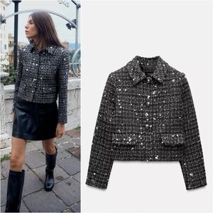 Zara Black Sequin Tweed Blazer